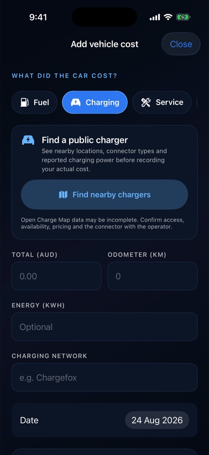 Drilore charging expense screen with public charger search and fields for total, odometer and energy