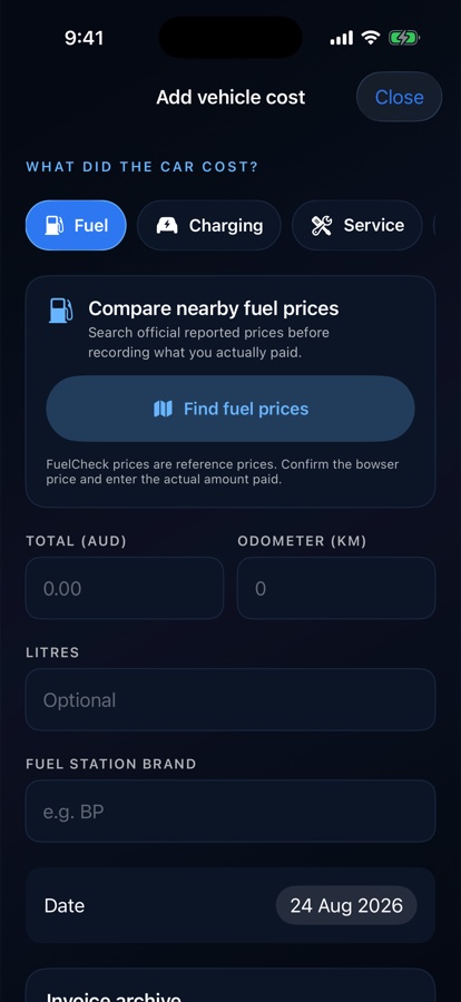 Drilore fuel expense screen with nearby official reported fuel price search and fields for total, odometer and litres