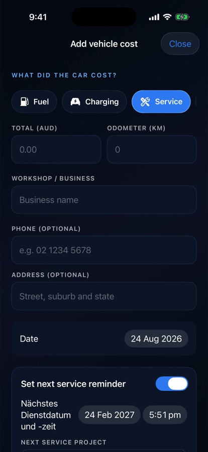 Drilore service-cost screen showing amount, odometer, workshop, phone, address and date fields