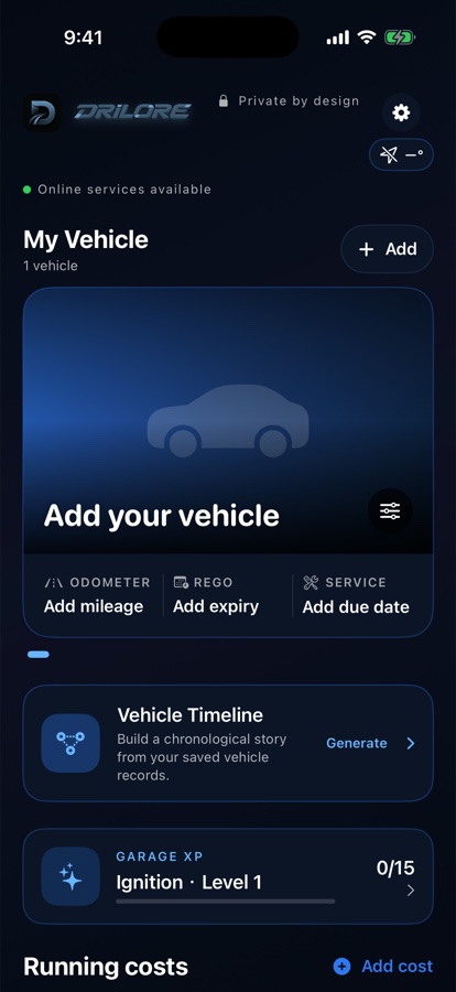 Drilore Garage showing the selected vehicle