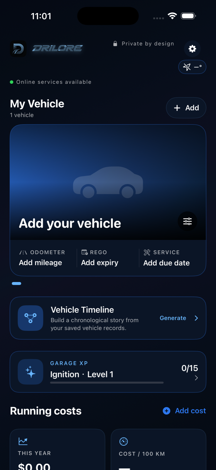 Drilore Garage home screen showing vehicle details, timeline and running costs