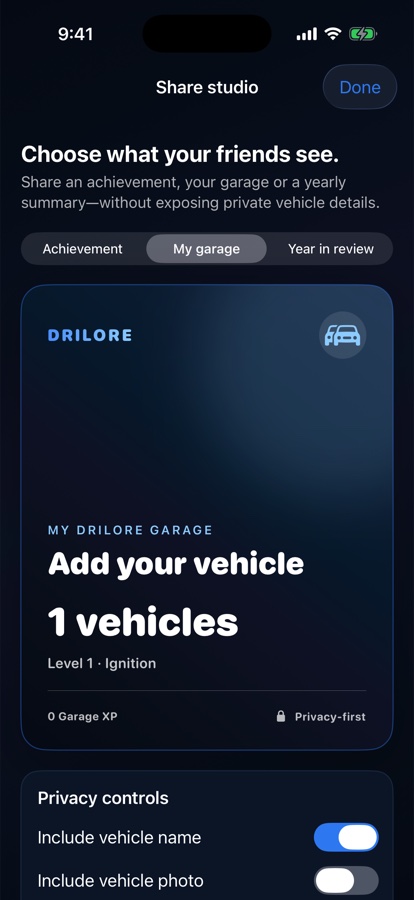 Drilore Share Studio with controls for including a vehicle name and photo in a Garage summary