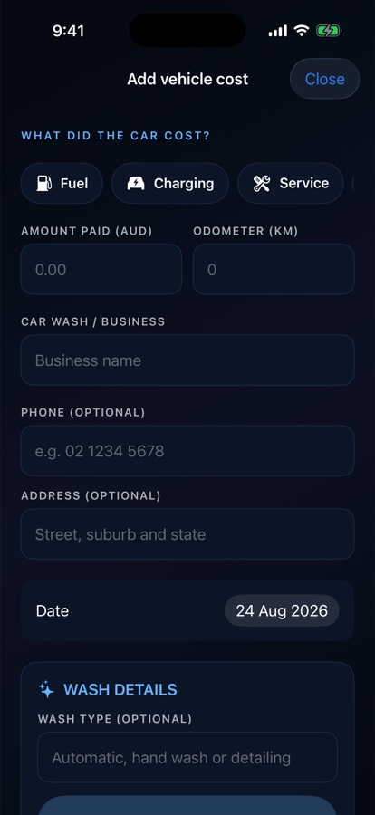 Drilore car-wash expense form with business, odometer, date and wash-detail fields